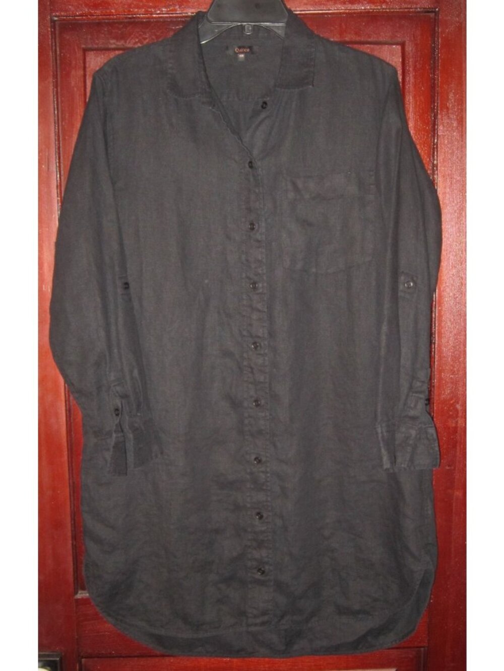 Quince XS 100% Linen Shirt Dress Tunic Button Pockets Black Oversized Roll Tab